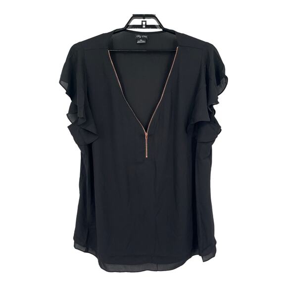 City Chic top Zip Fling Flutter sleeve blouse black XXL (24) - Picture 2 of 6